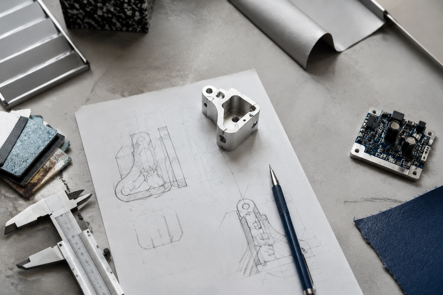 Mesa de diseño con bocetos, materiales y componentes de prototipado